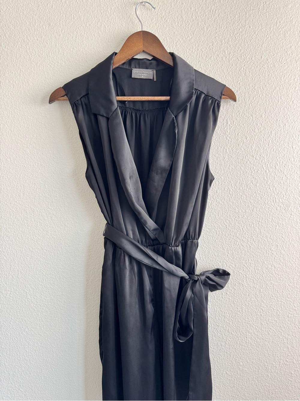 Dress Forum Sleeveless  Black Satin Wrap Jumpsuit with Waist Tie M